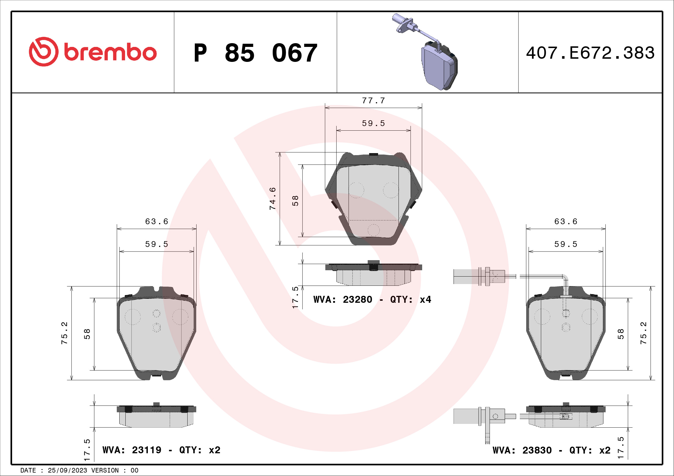 A.B.S. P 85 067 BREMBO Bremsbelagsatz, Scheibenbremse